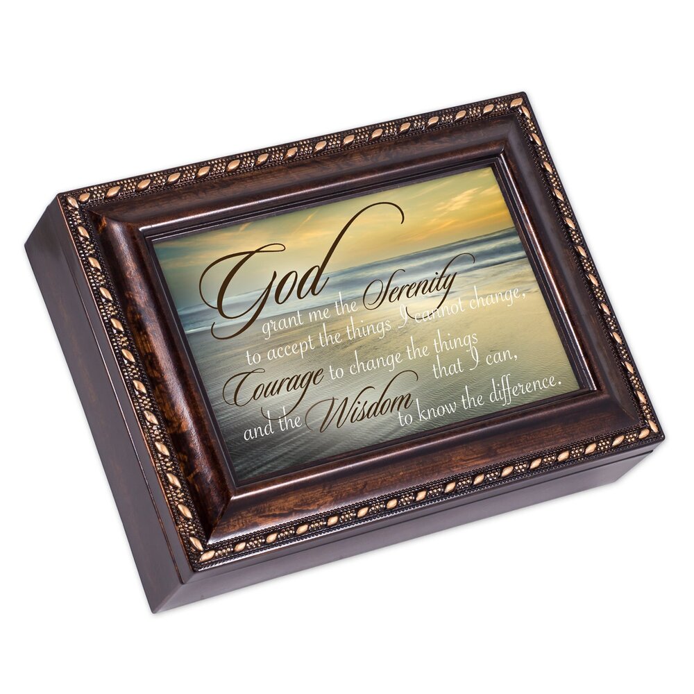 1099 Serenity Prayer Ocean Waves Burlwood Finish Jewelry Music Box Plays